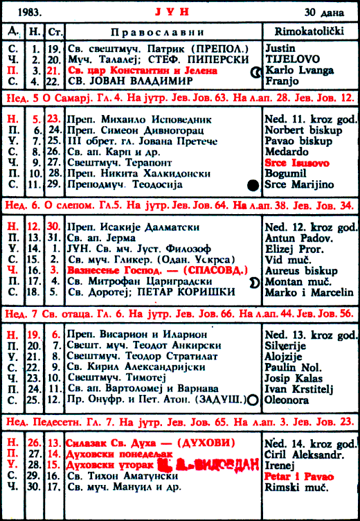 Pravoslavni kalendar  za jun 1983