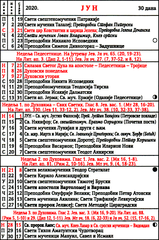 Pravoslavni kalendar  za jun 2020