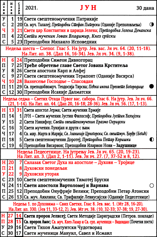 Pravoslavni kalendar  za jun 2021