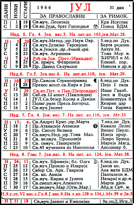 Pravoslavni kalendar  za jul 1966
