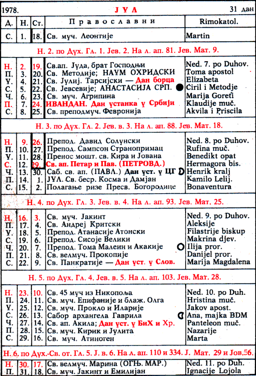 Pravoslavni kalendar  za jul 1978