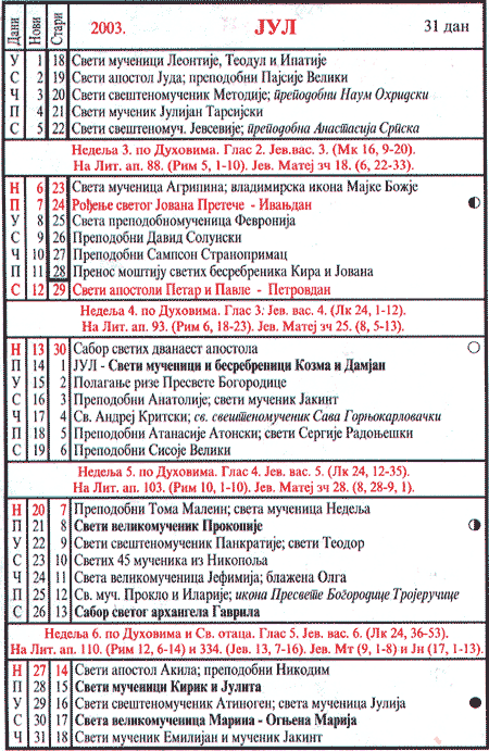 Pravoslavni kalendar  za jul 2003