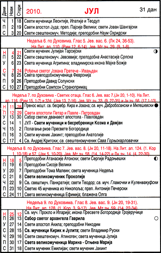 Pravoslavni kalendar  za jul 2010