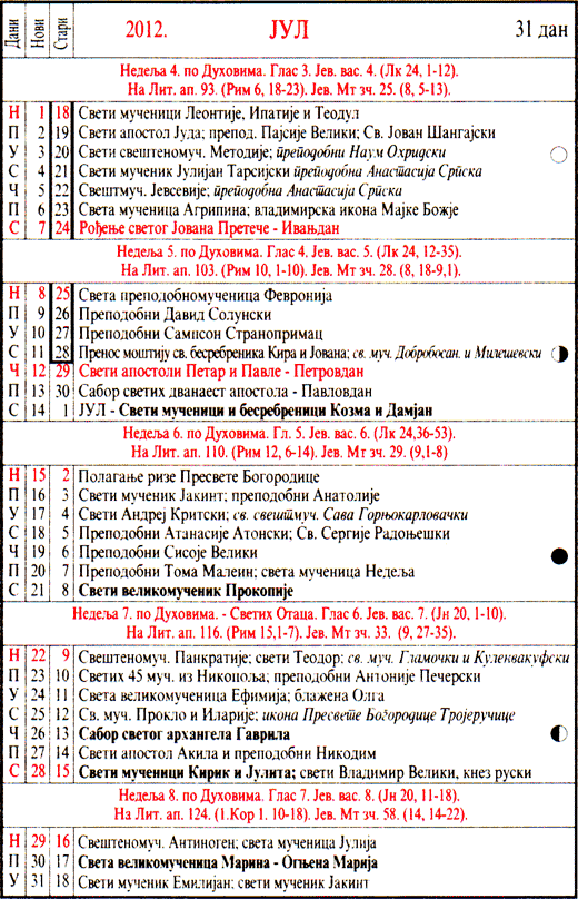 Pravoslavni kalendar  za jul 2012