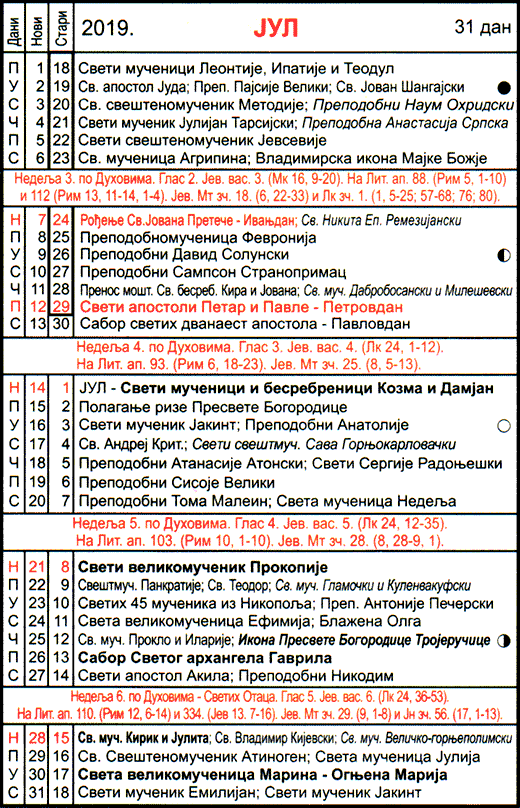 Pravoslavni kalendar  za jul 2019