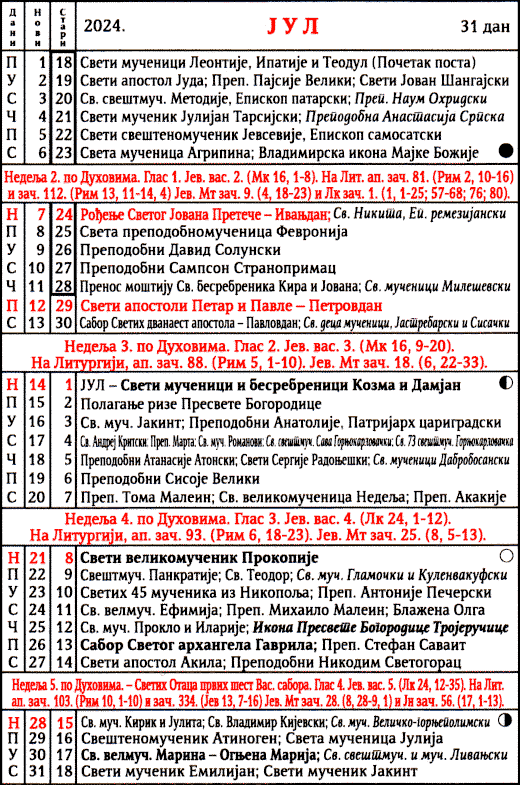 Pravoslavni kalendar  za jul 2024
