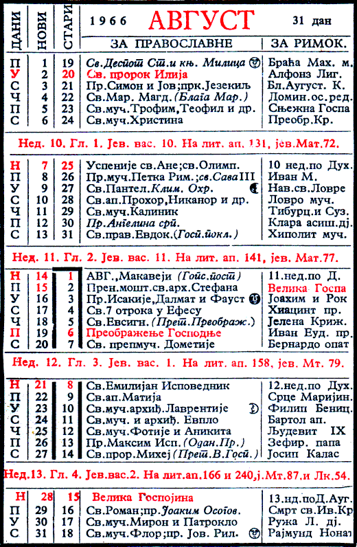 Pravoslavni kalendar  za avgust 1966