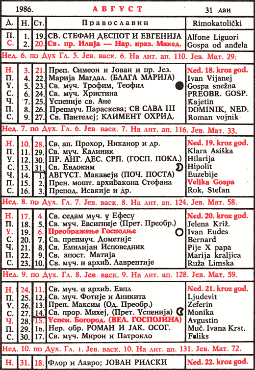 Pravoslavni kalendar  za avgust 1986