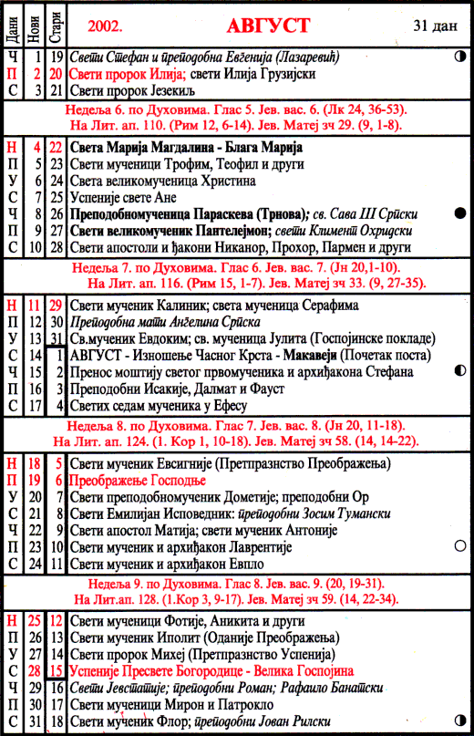 Pravoslavni kalendar  za avgust 2002