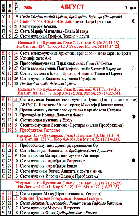 Pravoslavni kalendar  za avgust 2006