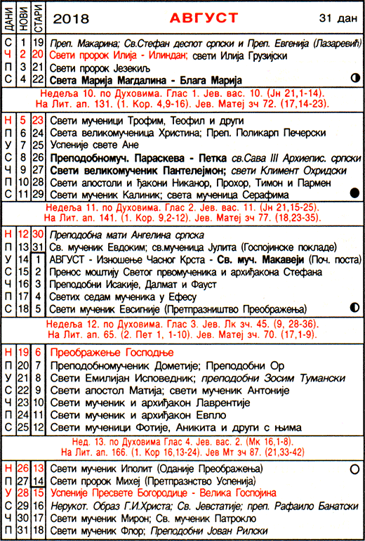 Pravoslavni kalendar  za avgust 2018
