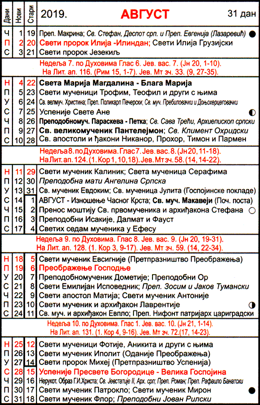 Pravoslavni kalendar  za avgust 2019