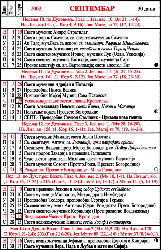 Pravoslavni kalendar  za septembar 2002