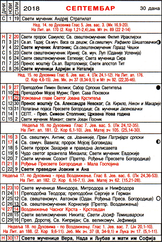 Pravoslavni kalendar  za septembar 2018