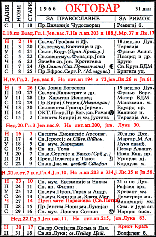 Pravoslavni kalendar  za oktobar 1966