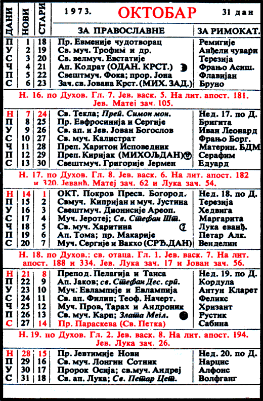 Pravoslavni kalendar  za oktobar 1973