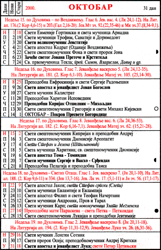 Pravoslavni kalendar  za oktobar 2000