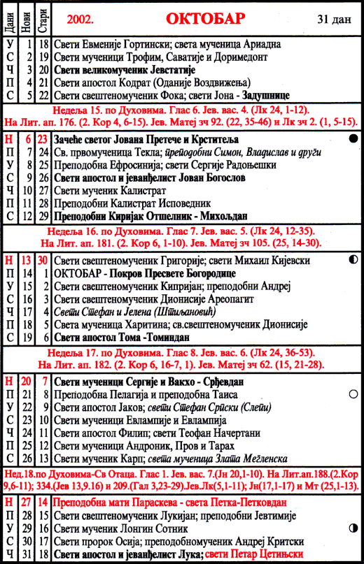 Pravoslavni kalendar  za oktobar 2002