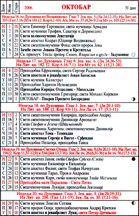 Pravoslavni kalendar  za oktobar 2006