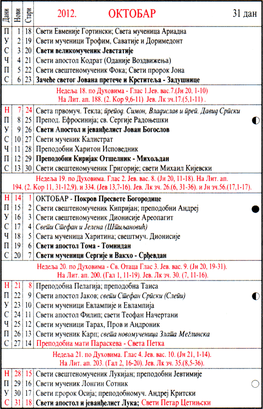 Pravoslavni kalendar  za oktobar 2012