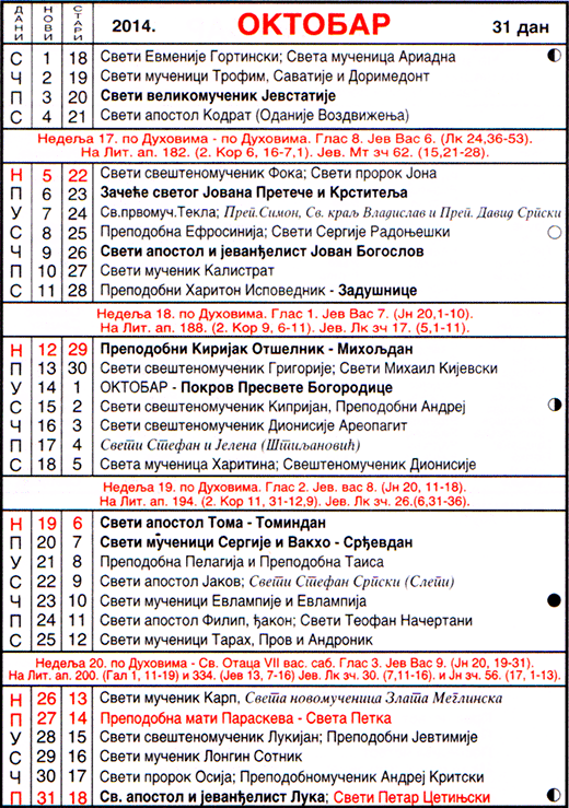 Pravoslavni kalendar  za oktobar 2014