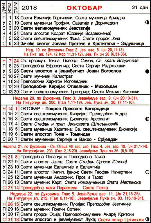 Pravoslavni kalendar  za oktobar 2018