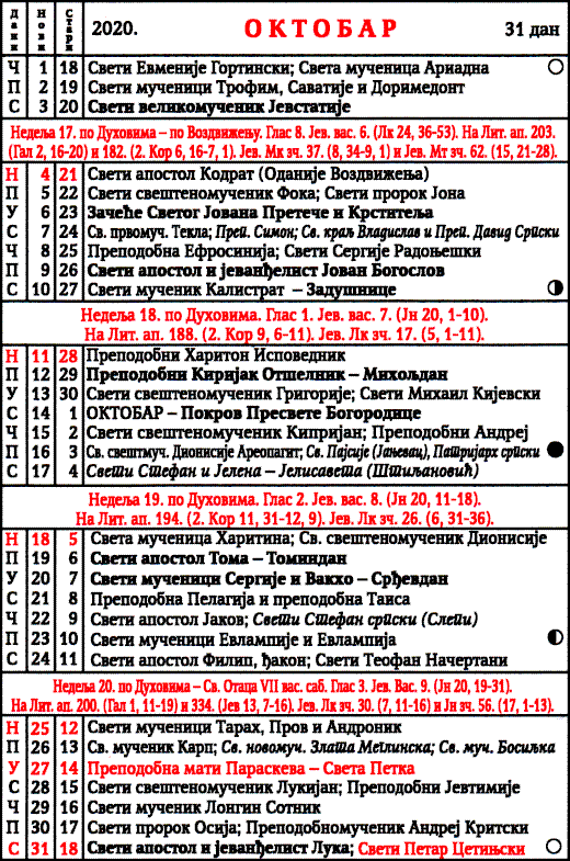 Pravoslavni kalendar  za oktobar 2020