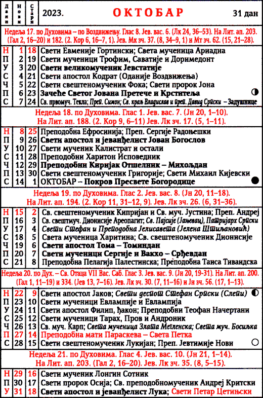 Pravoslavni kalendar  za oktobar 2023