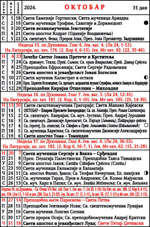 Pravoslavni kalendar  za oktobar 2024