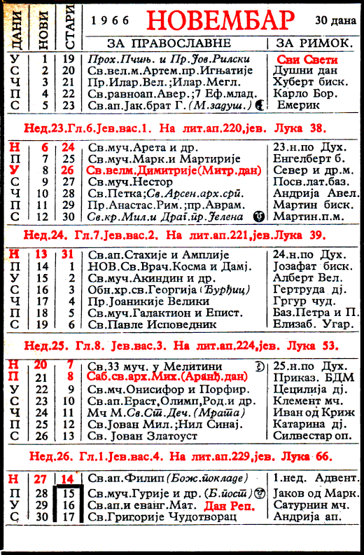 Pravoslavni kalendar  za novembar 1966