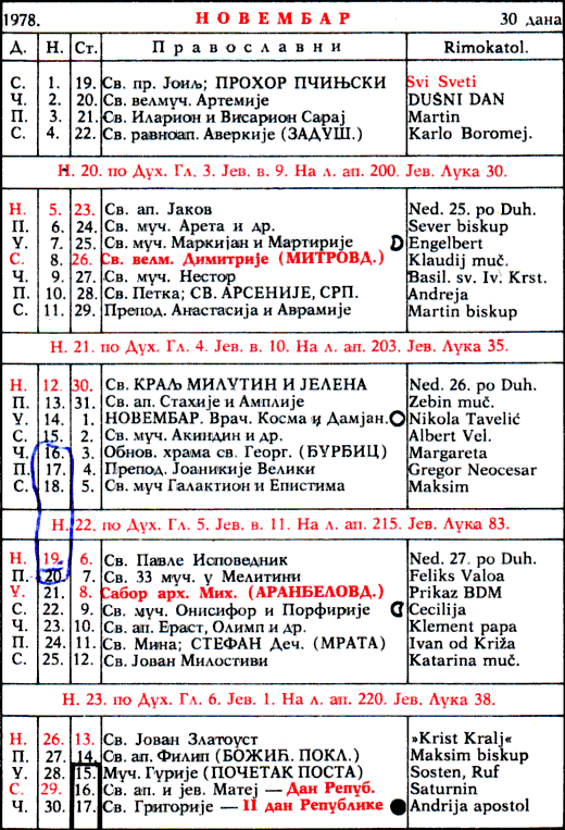 Pravoslavni kalendar  za novembar 1978
