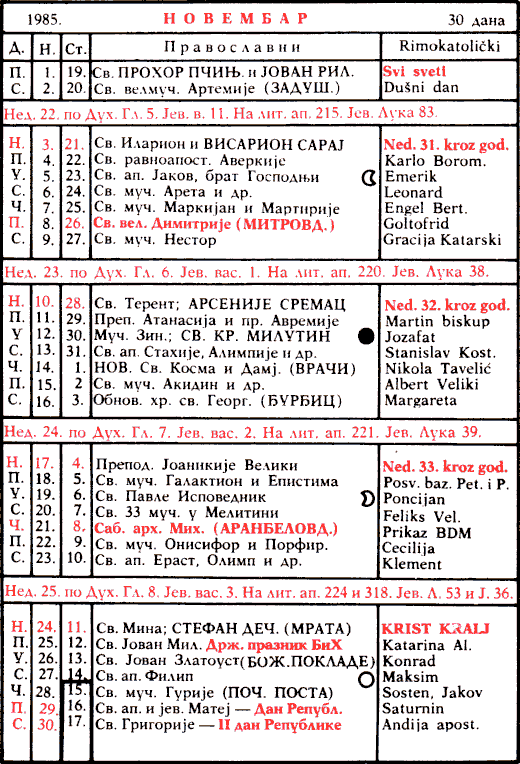 Pravoslavni kalendar  za novembar 1985