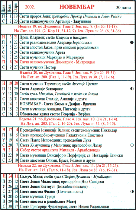 Pravoslavni kalendar  za novembar 2002