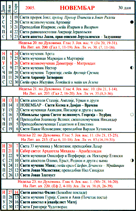 Pravoslavni kalendar  za novembar 2005