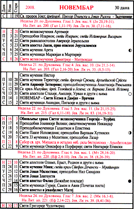 Pravoslavni kalendar  za novembar 2008