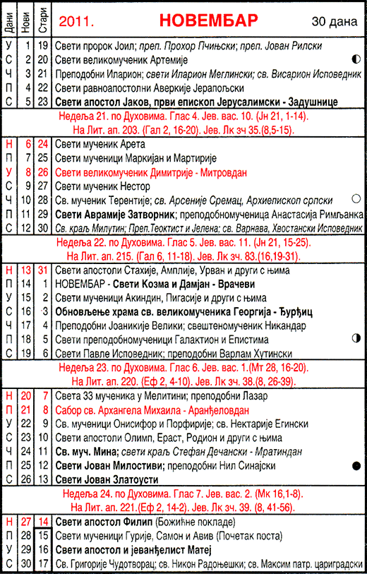 Pravoslavni kalendar  za novembar 2011