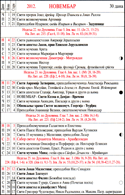 Pravoslavni kalendar  za novembar 2012