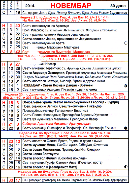 Pravoslavni kalendar  za novembar 2014