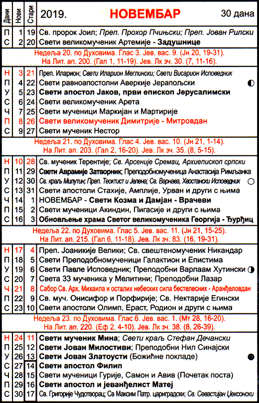 Pravoslavni kalendar  za novembar 2019