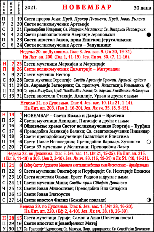 Pravoslavni kalendar  za novembar 2021