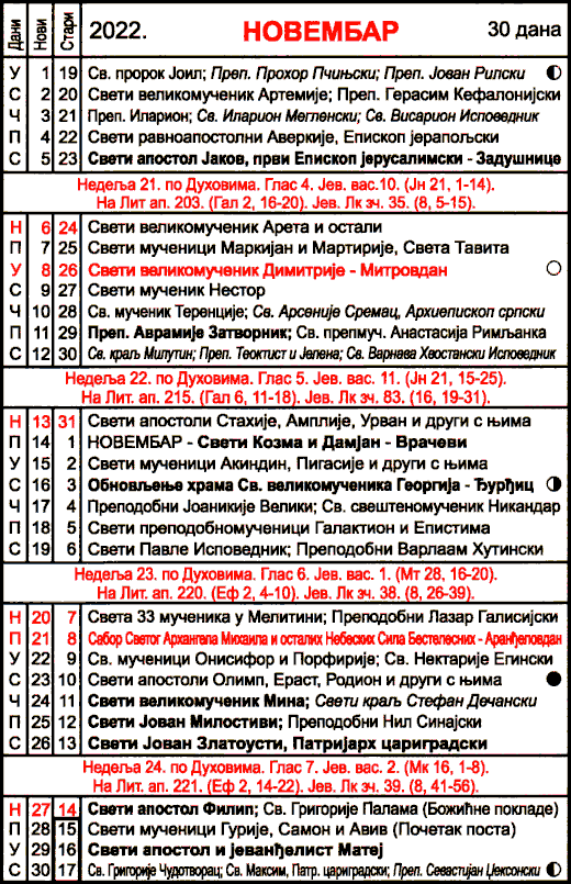 Pravoslavni kalendar  za novembar 2022