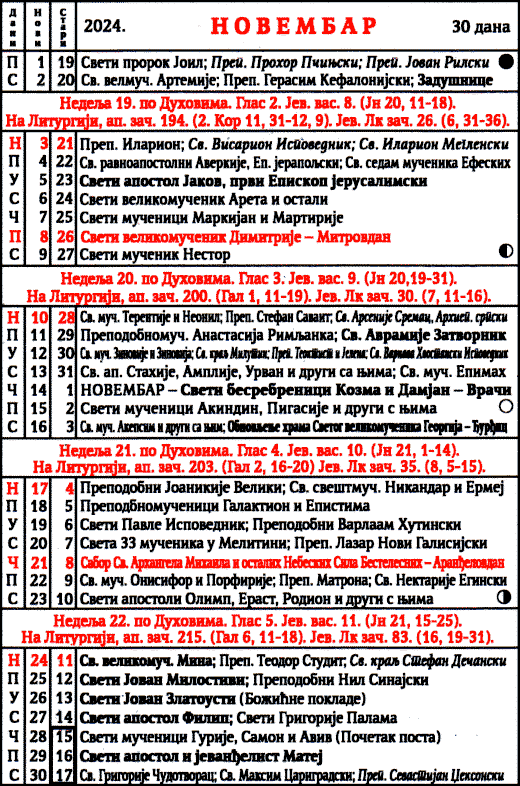 Pravoslavni kalendar  za novembar 2024