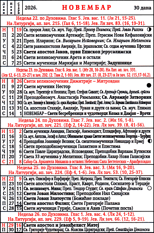 Pravoslavni kalendar  za novembar 2026