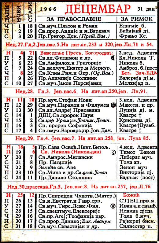 Pravoslavni kalendar  za decembar 1966