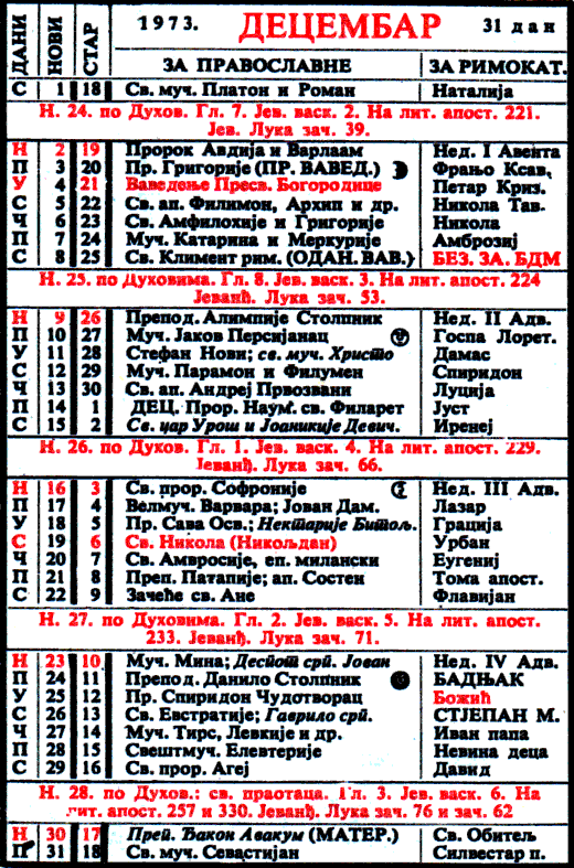 Pravoslavni kalendar  za decembar 1973