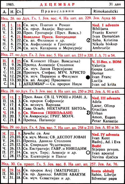 Pravoslavni kalendar  za decembar 1985