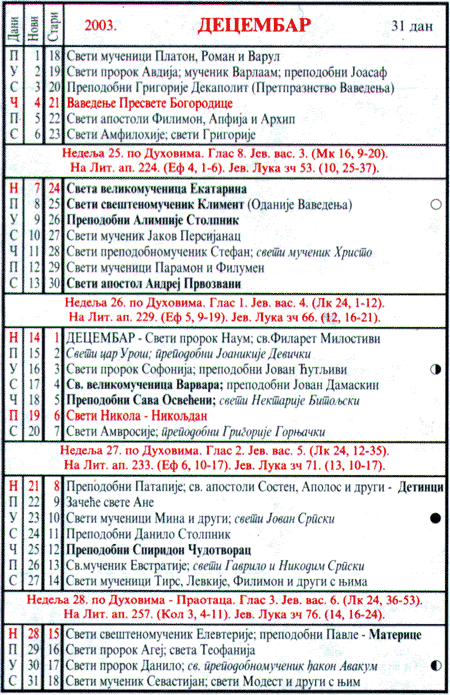 Pravoslavni kalendar  za decembar 2003