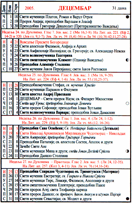 Pravoslavni kalendar  za decembar 2005