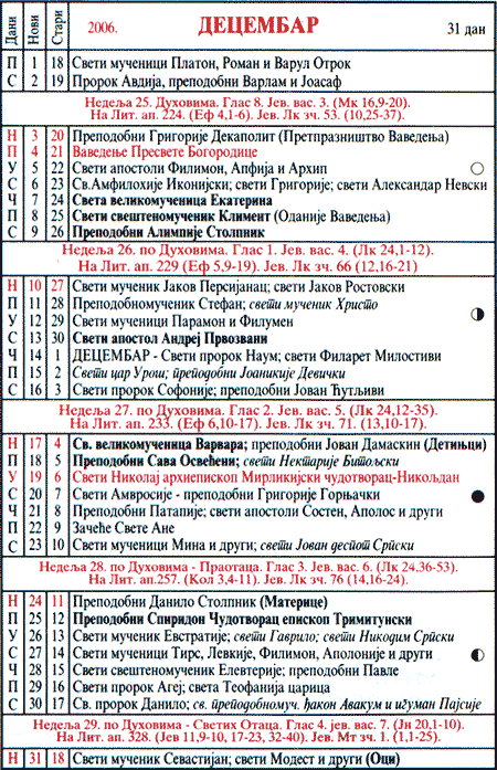 Pravoslavni kalendar  za decembar 2006