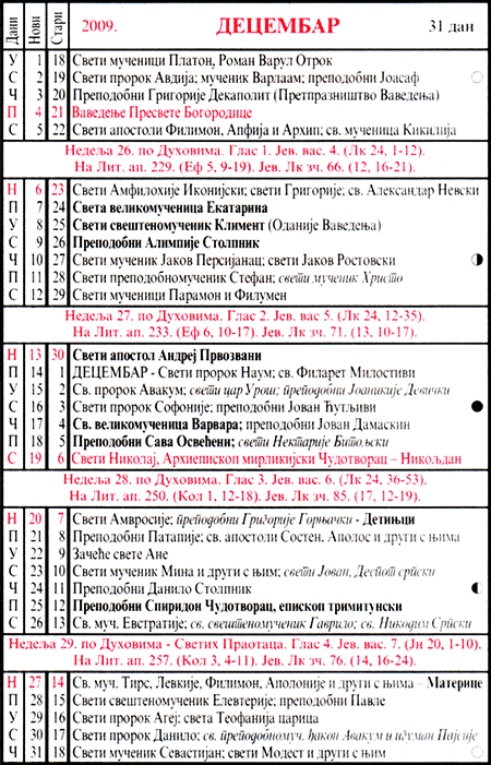 Pravoslavni kalendar  za decembar 2009